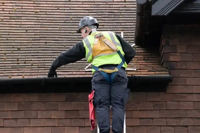 PP Gutters, gutter cleaning and maintenance using a conventional approach with a ladder.