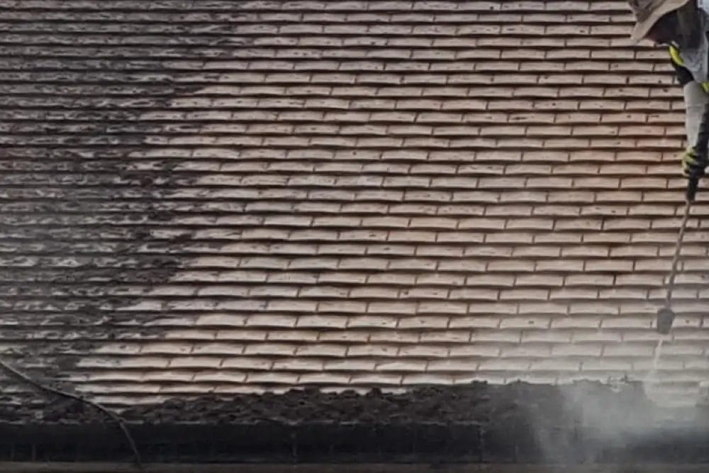 PP Gutters residential roof and gutter cleaning services. A residential property's roof being cleaned