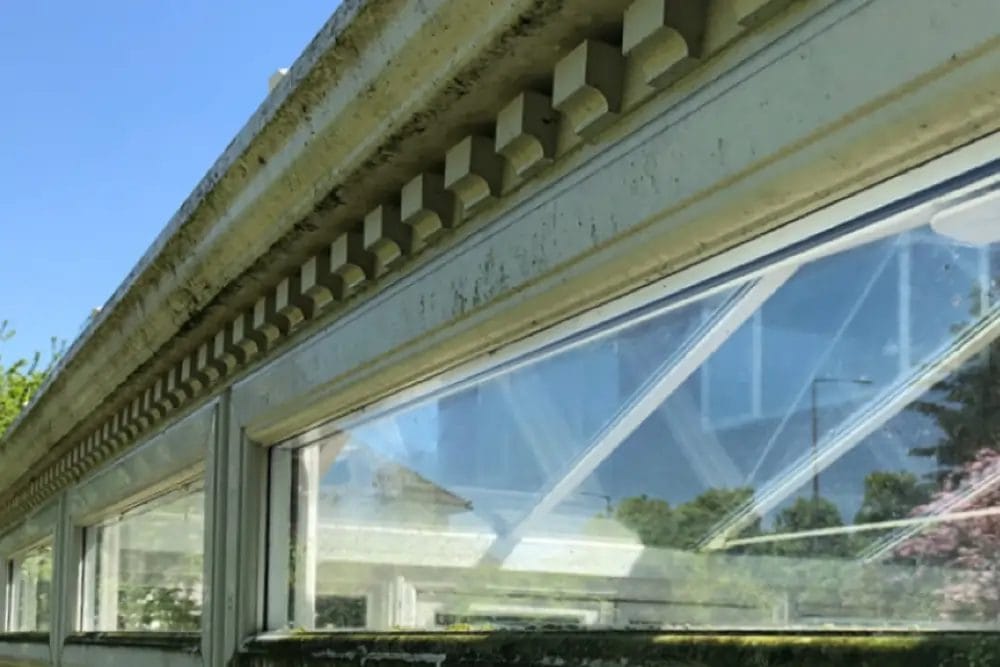 PP Gutters - softwashing services - image of window and gutter before being cleaned