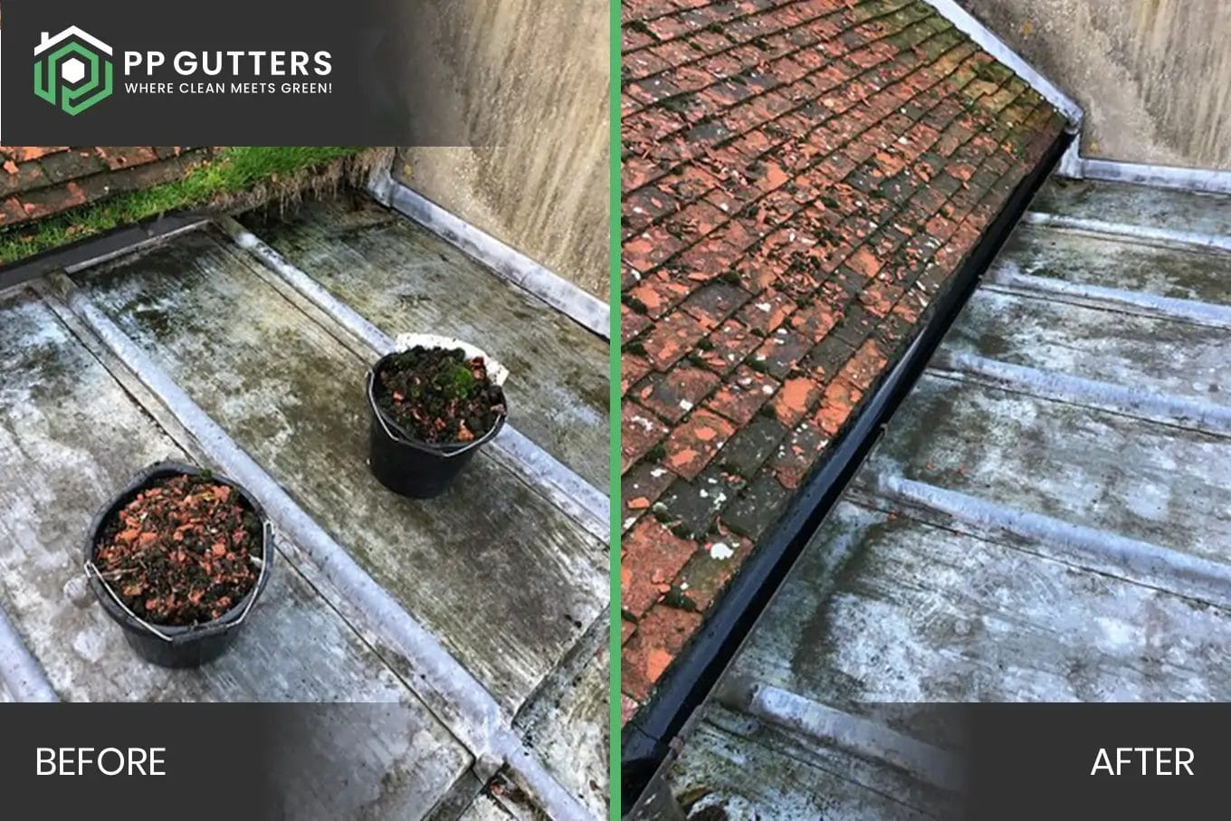 PP Gutters commercial roof and gutter cleaning services. Before and after carrying out a commercial gutter clean.