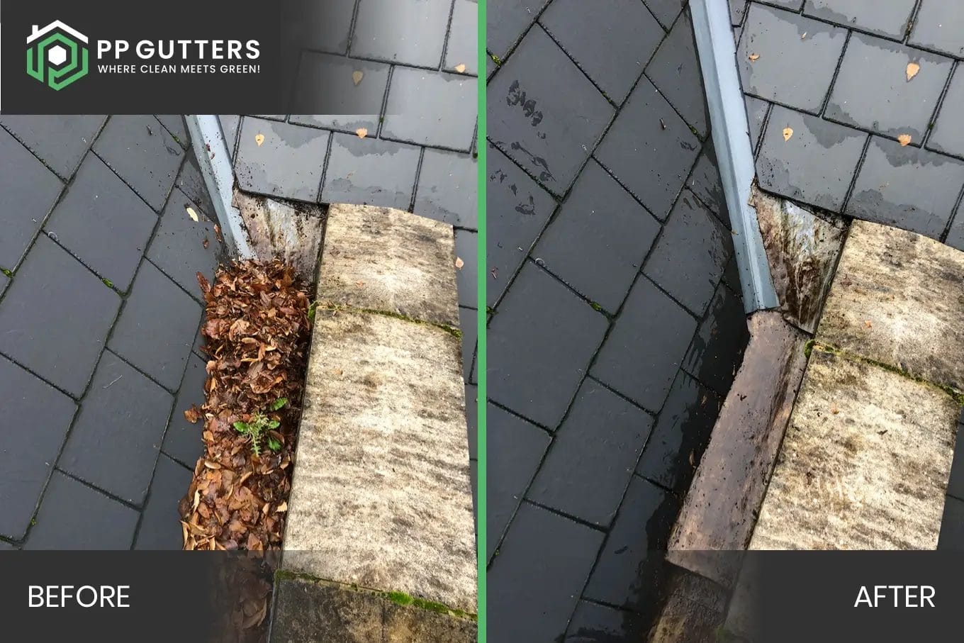 PP Gutters residential and commercial roof and gutter cleaning services. Before and after showing a commercial gutter clean.