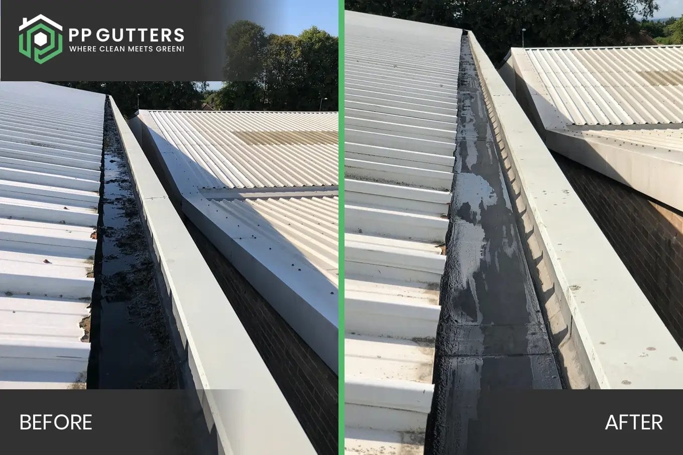 PP Gutters commercial roof and gutter cleaning services. Before and after carrying out a commercial gutter clean.