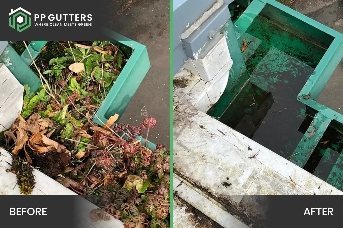 PP Gutters commercial roof and gutter cleaning services. Before and after showing a commercial gutter cleaned of debris and leaves.