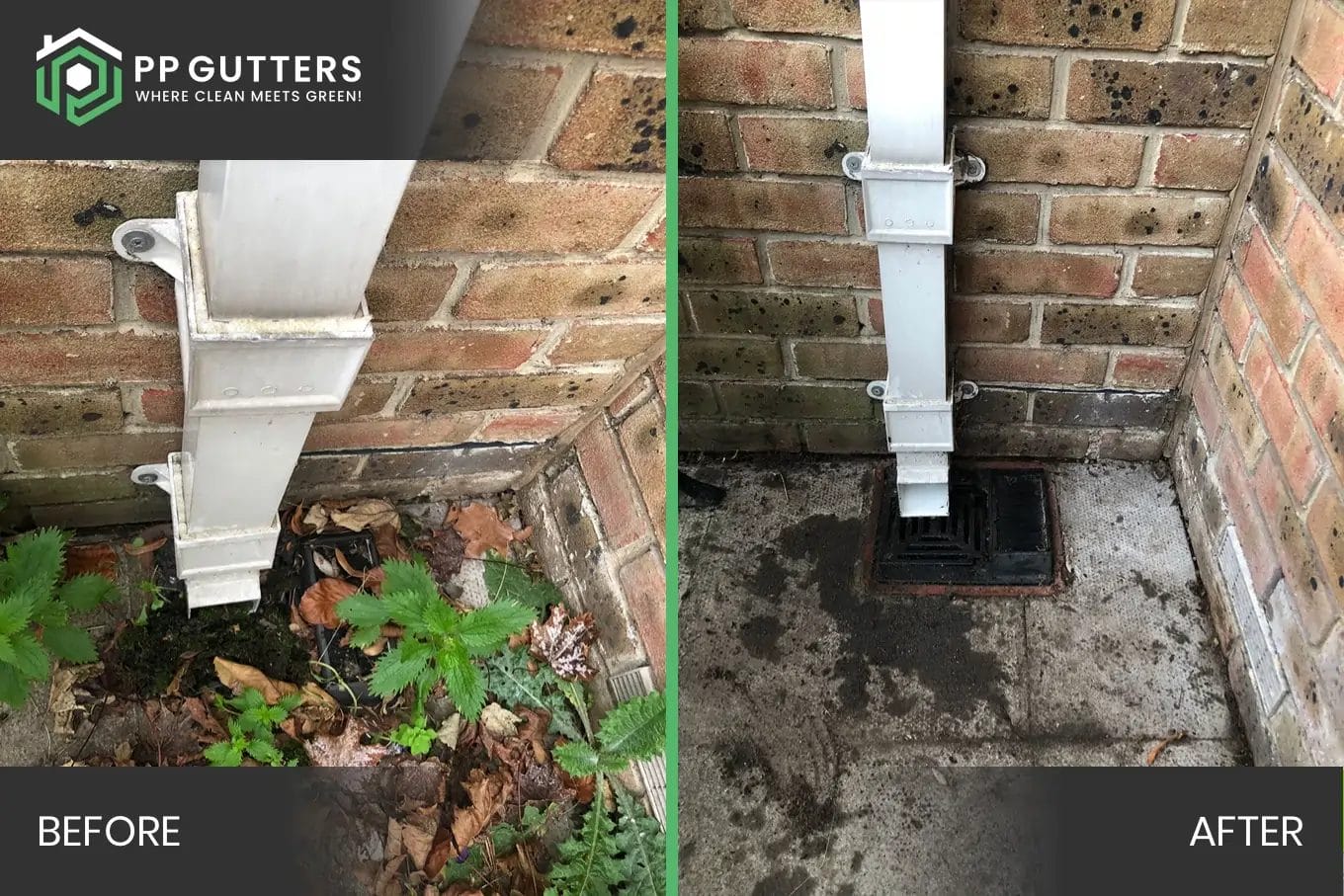 PP Gutters commercial roof and gutter cleaning services. Before and after carryout out a commercial downpipe clean.