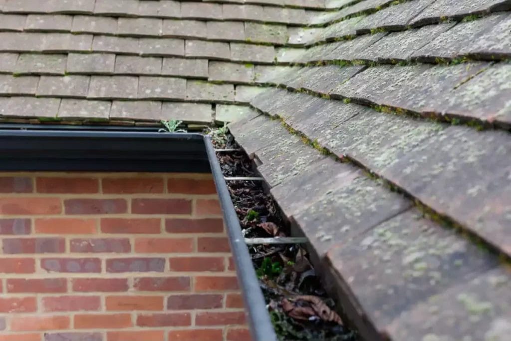 An example of a gutter before it's been cleaned by PP Gutters.