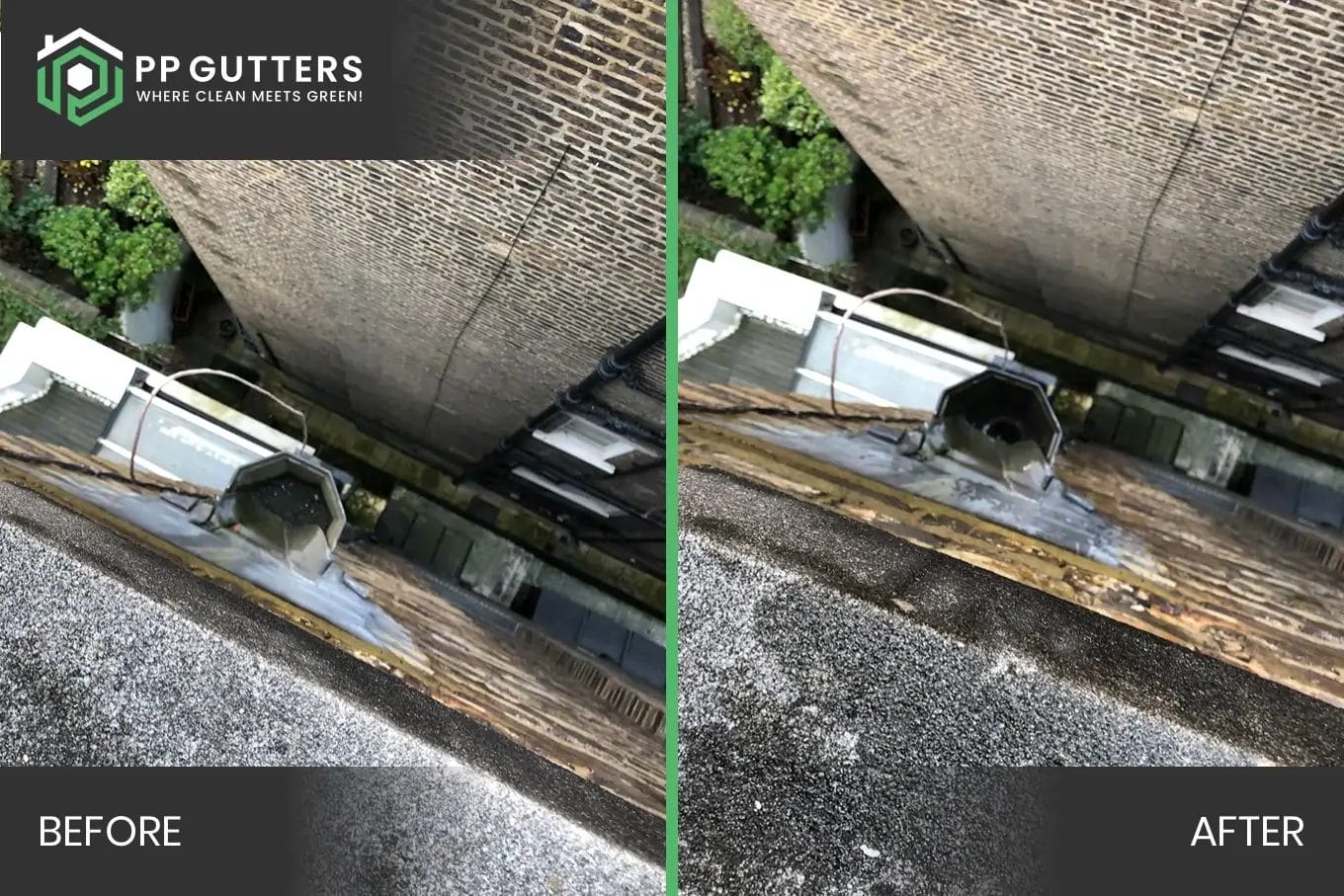 PP Gutters commercial roof and gutter cleaning services. Before and after carrying out a commercial gutter clean.