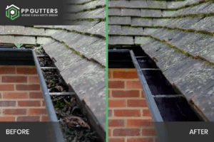 PP Gutters residential roof and gutter cleaning services. Before and after showing a property's gutters cleaned of leaves and debris.