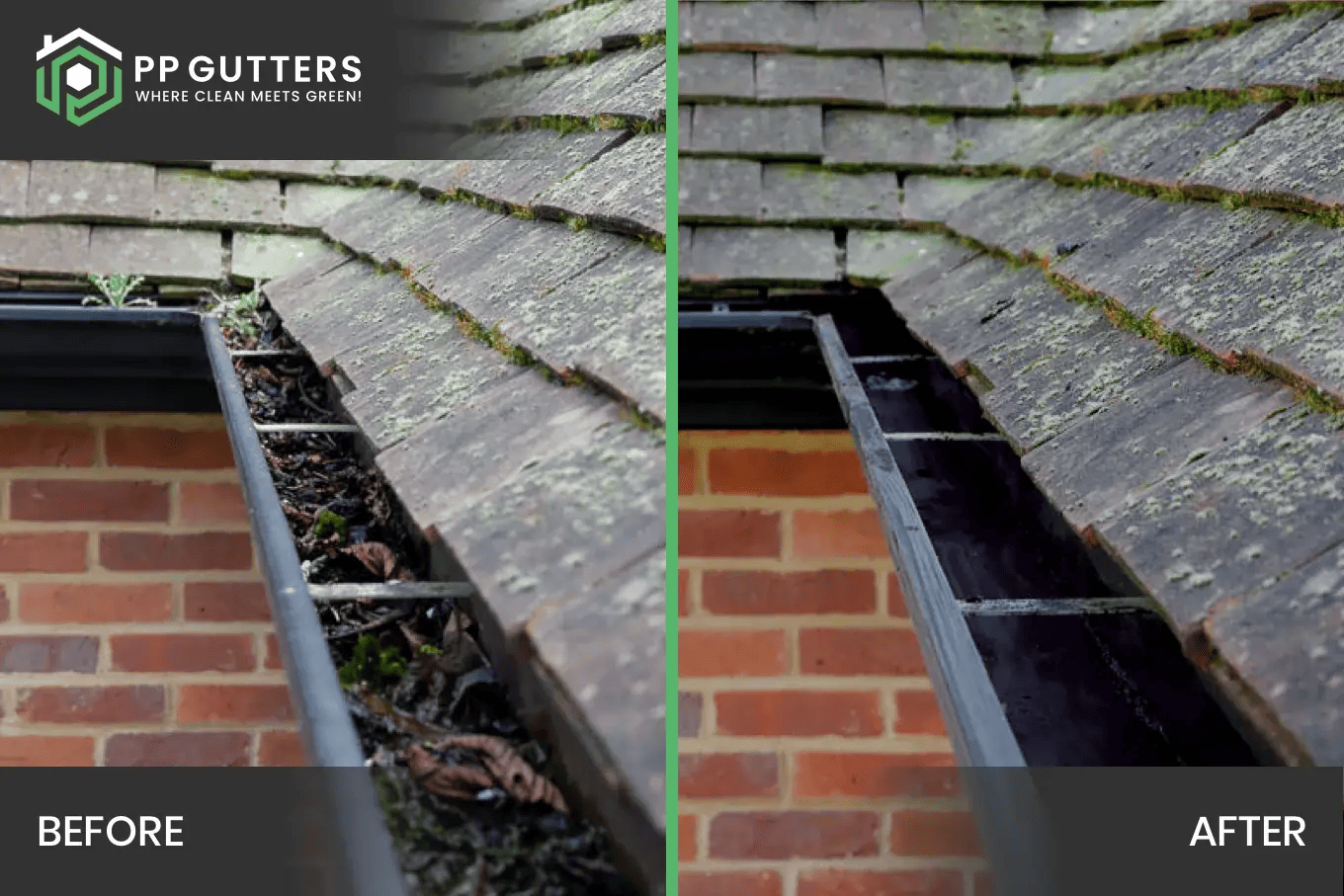 PP Gutters residential roof and gutter cleaning services. Before and after showing a property's gutters cleaned of leaves and debris.