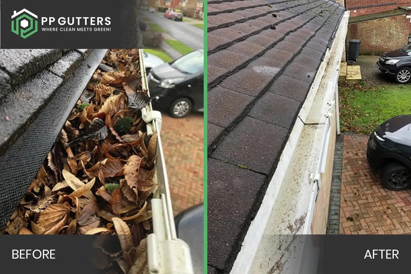 PP Gutters commercial roof and gutter cleaning services. Before and after carrying out a residential gutter clean.