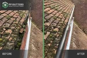PP Gutters residential and commercial roof and gutter cleaning services. Before and after showing a residential gutter clean.