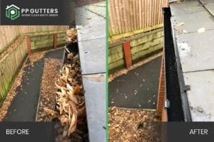 PP Gutters residential and commercial roof and gutter cleaning services. Before and after showing a residential gutter clean.