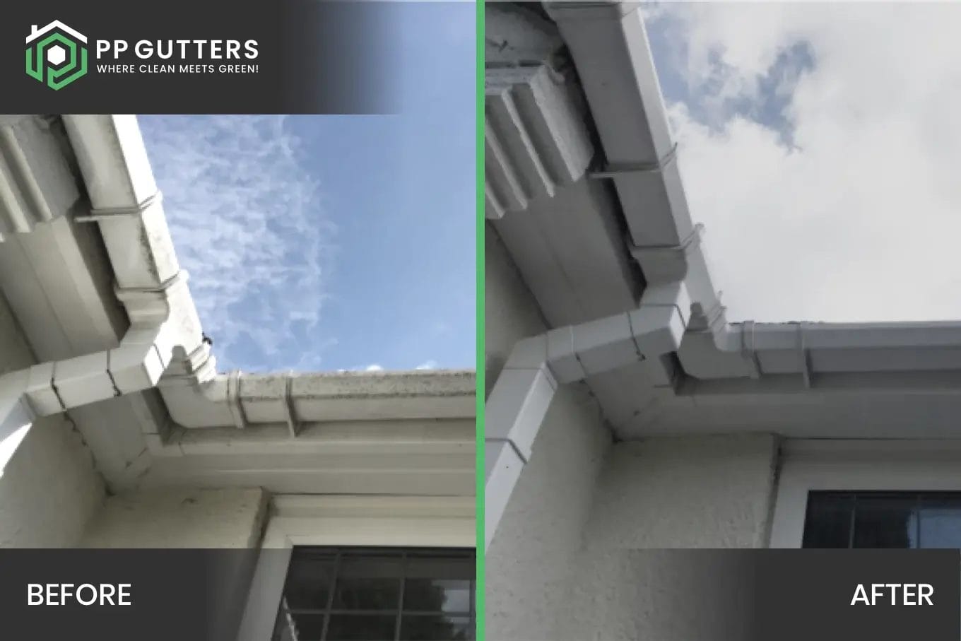PP Gutters residential roof and gutter cleaning services. Before and after showing a residential property's gutters, soffits and fascias clean.