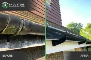 PP Gutters residential roof and gutter cleaning services. Before and after showing a residential property's gutters, soffits and fascias clean.