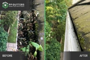 PP Gutters residential roof and gutter cleaning services. Before and after showing a residential property's gutter cleaned of debris and leaves.