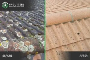 PP Gutters residential roof and gutter cleaning services. Before and after showing a residential property's roof cleaned.