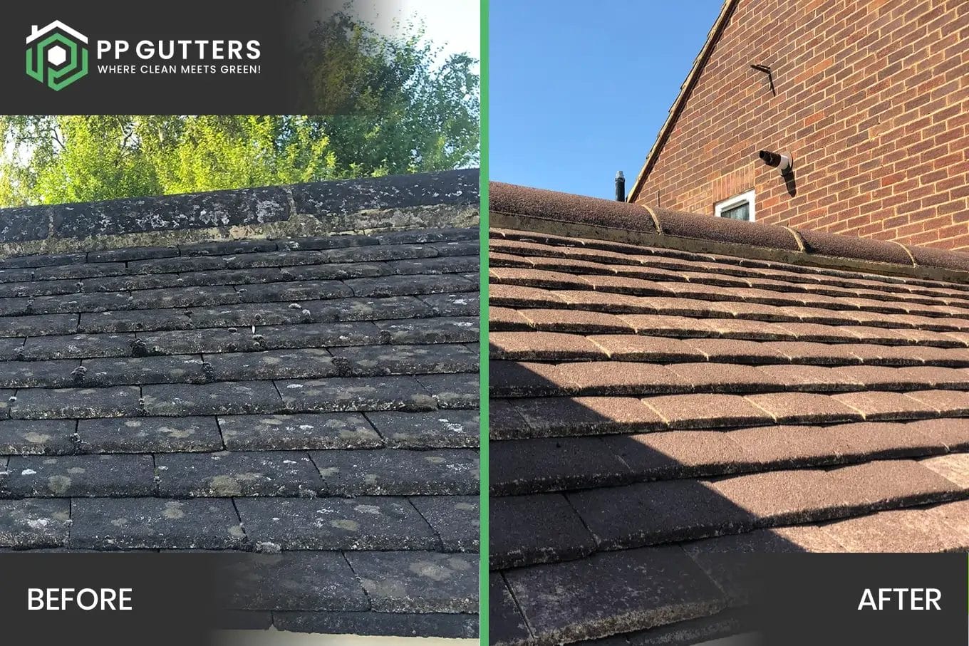 PP Gutters residential roof and gutter cleaning services. Before and after showing a residential property's roof cleaned.