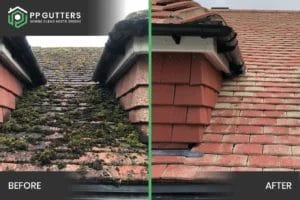 PP Gutters residential roof and gutter cleaning services. Before and after showing a residential property's roof cleaned.