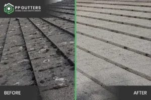 PP Gutters roof and gutter cleaning services. Before and after showing a tiled roof clean.