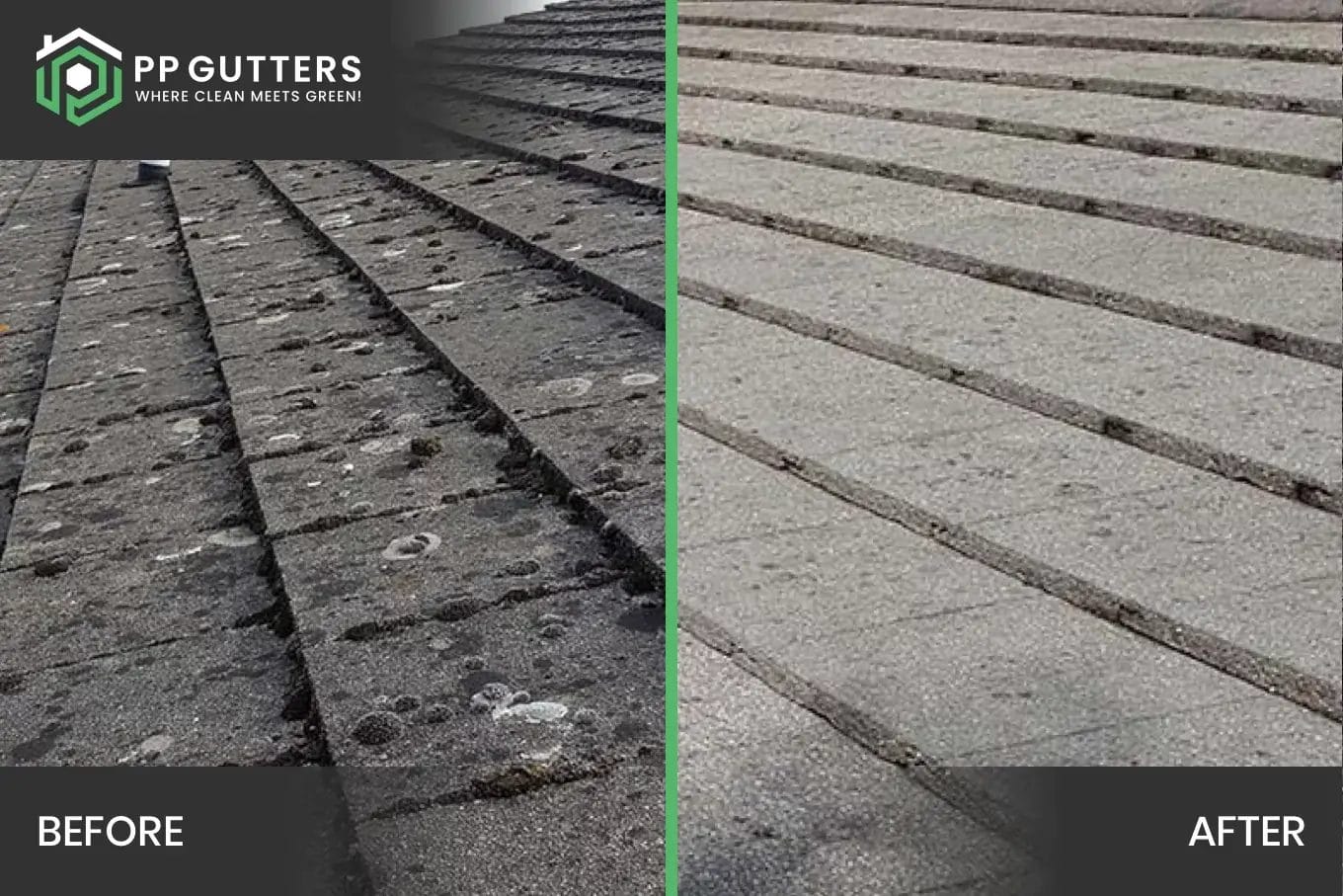 PP Gutters roof and gutter cleaning services. Before and after showing a tiled roof clean.