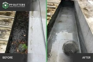 PP Gutters commercial roof and gutter cleaning services. Before and after of a commercial gutter clean.