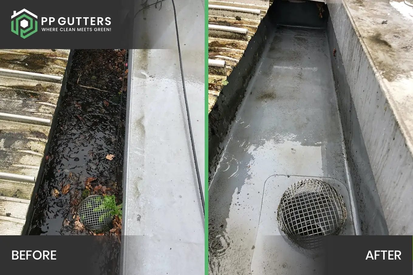 PP Gutters commercial roof and gutter cleaning services. Before and after of a commercial gutter clean.