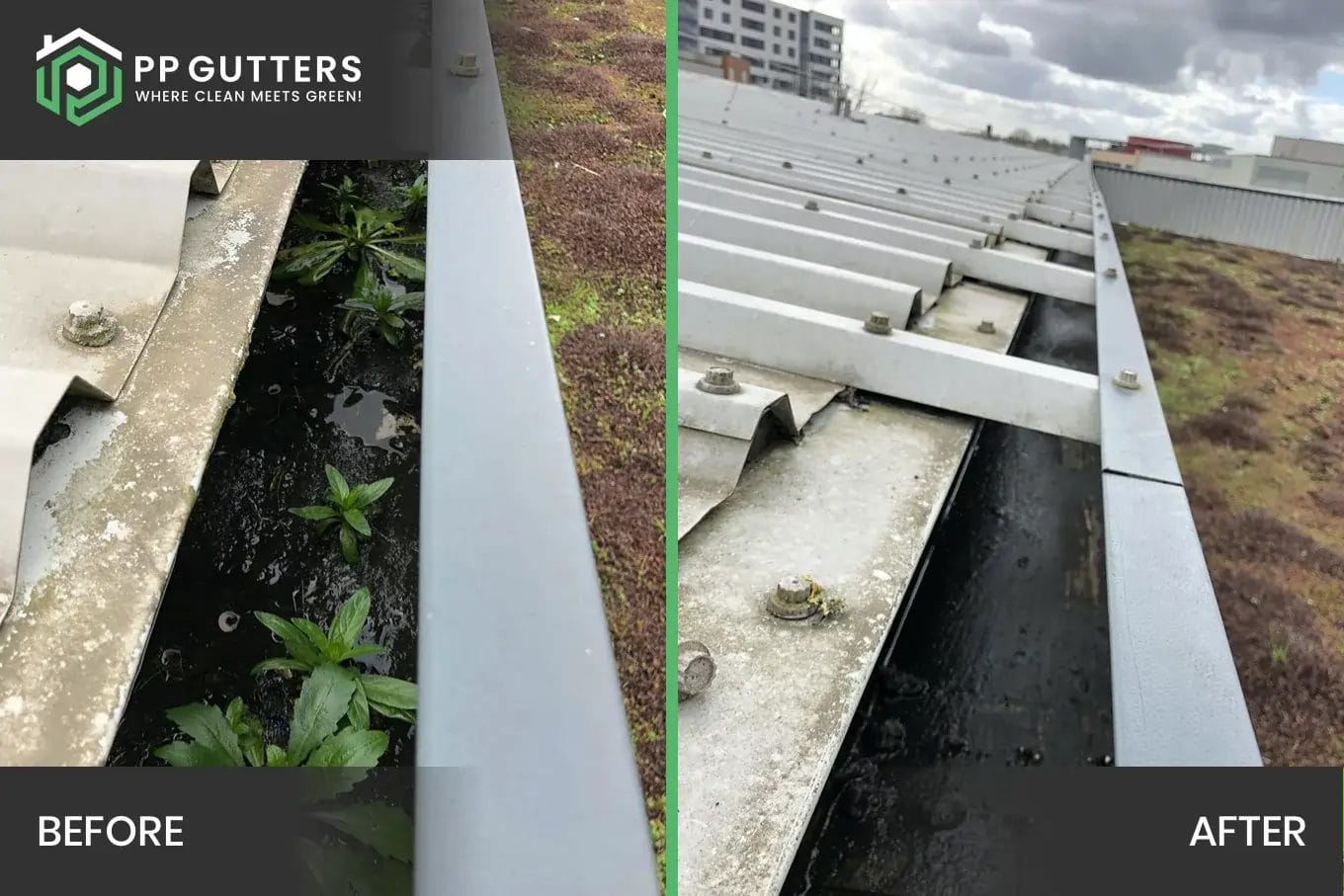 PP Gutters commercial roof and gutter cleaning services. Before and after showing a commercial gutter clean.