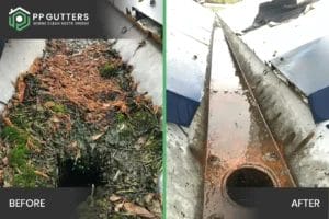 PP Gutters commercial roof and gutter cleaning services. Before and after of commercial gutter clean.