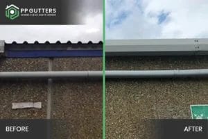 PP Gutters commercial roof and gutter cleaning services. Before and after showing a commercial gutter repair.
