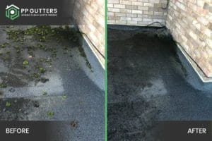 PP Gutters residential and commercial roof and gutter cleaning services. Before and after showing a commercial flat roof clean.