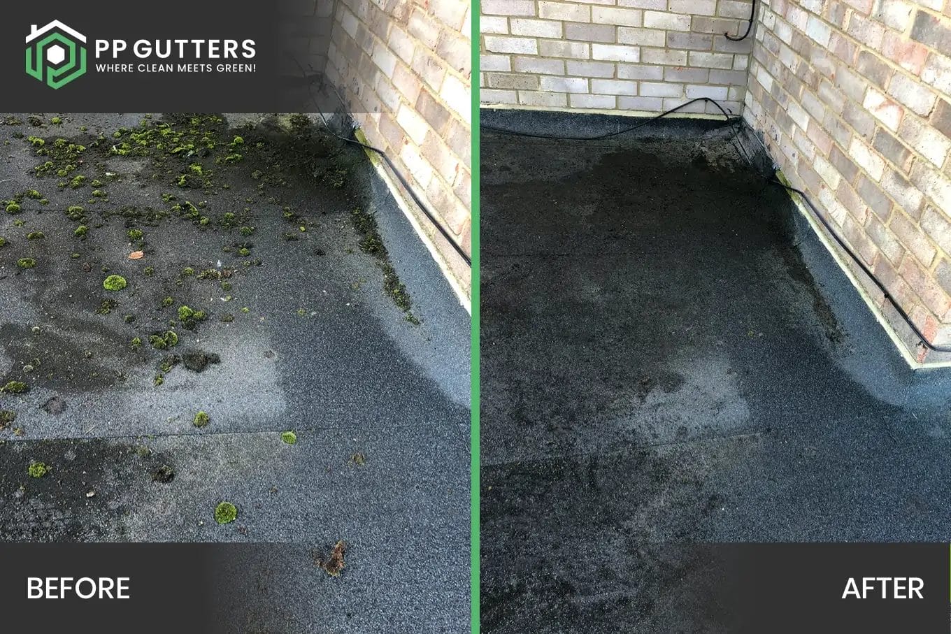 PP Gutters residential and commercial roof and gutter cleaning services. Before and after showing a commercial flat roof clean.
