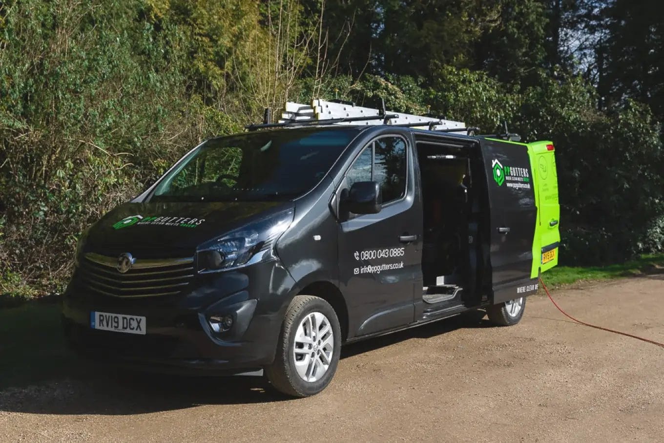 PP Gutters. The gutter and roof cleaning professionals. Photo of a PP Gutters' van