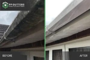 PP Gutters roof and gutter cleaning services. Before and after of a gutter and fascia clean