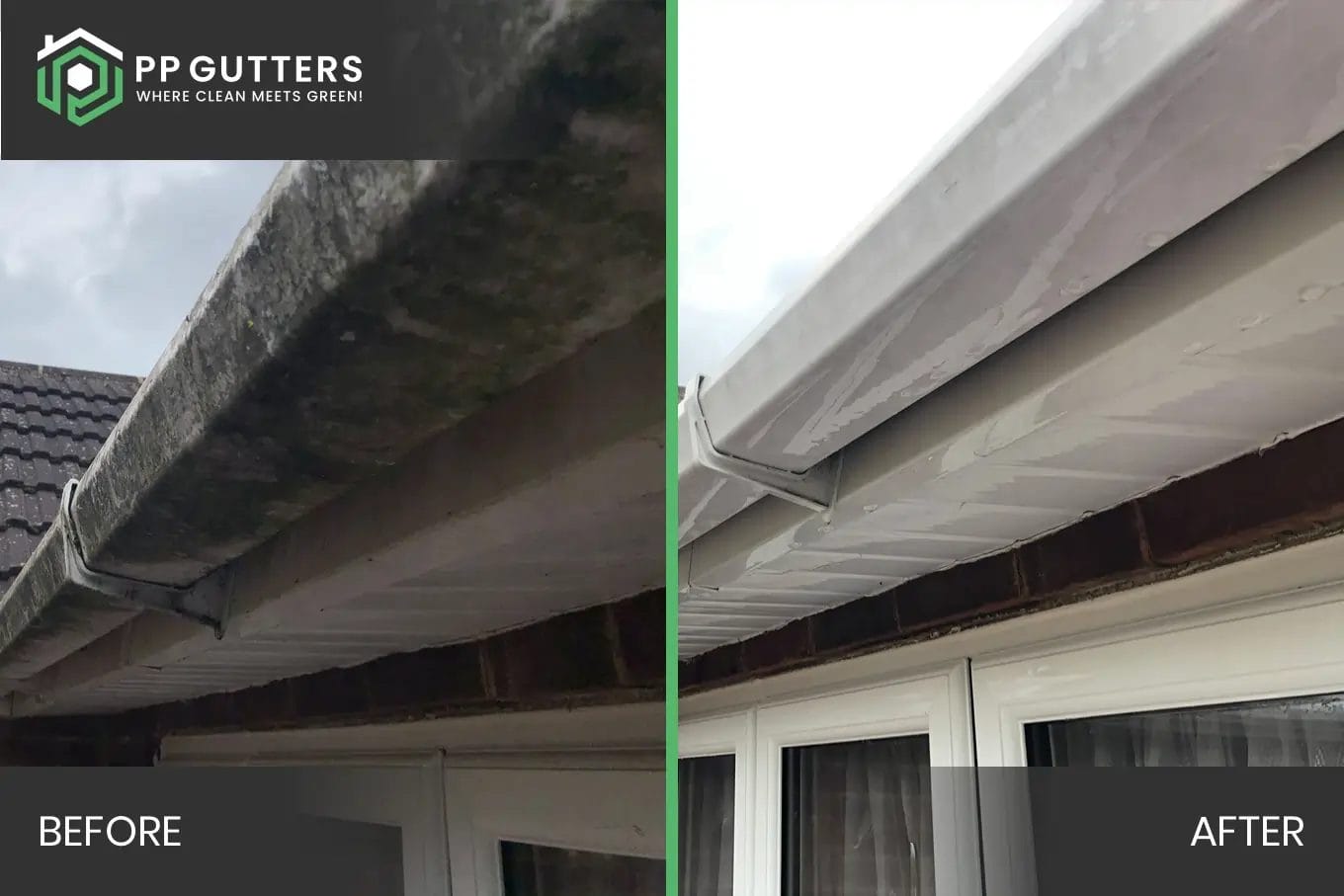 PP Gutters roof and gutter cleaning services. Before and after of a gutter and fascia clean