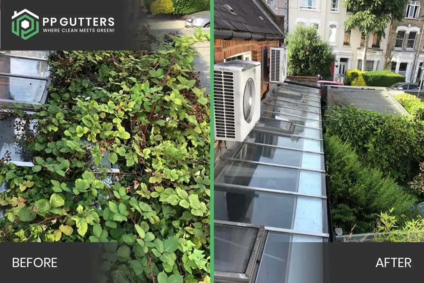 PP Gutters residential and commercial roof and gutter cleaning services. Before and after showing a residential glass lean-to clean.