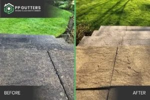 PP Gutters residential and commercial roof and gutter cleaning services. Before and after showing a residential patio slabs clean.