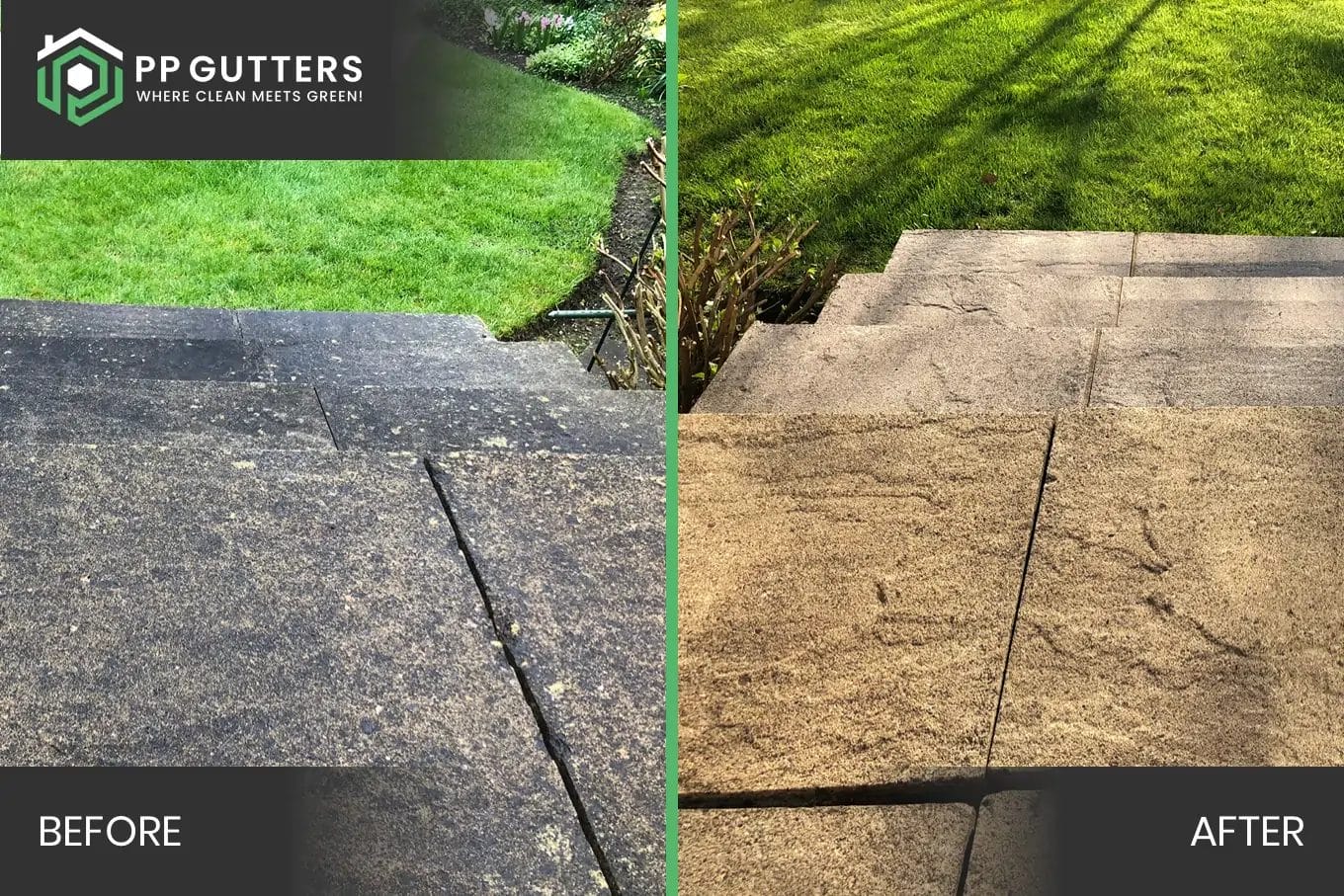 PP Gutters residential and commercial roof and gutter cleaning services. Before and after showing a residential patio slabs clean.
