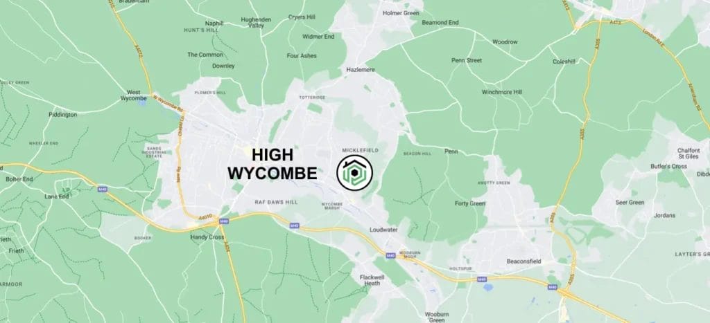 PP Gutters, the gutter and roof cleaning specialists. Location on map of High Wycombe, Buckinghamshire