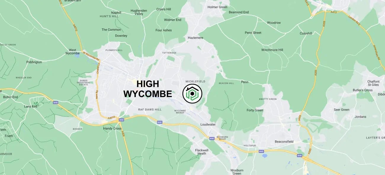 PP Gutters, the gutter and roof cleaning specialists. Location on map of High Wycombe, Buckinghamshire