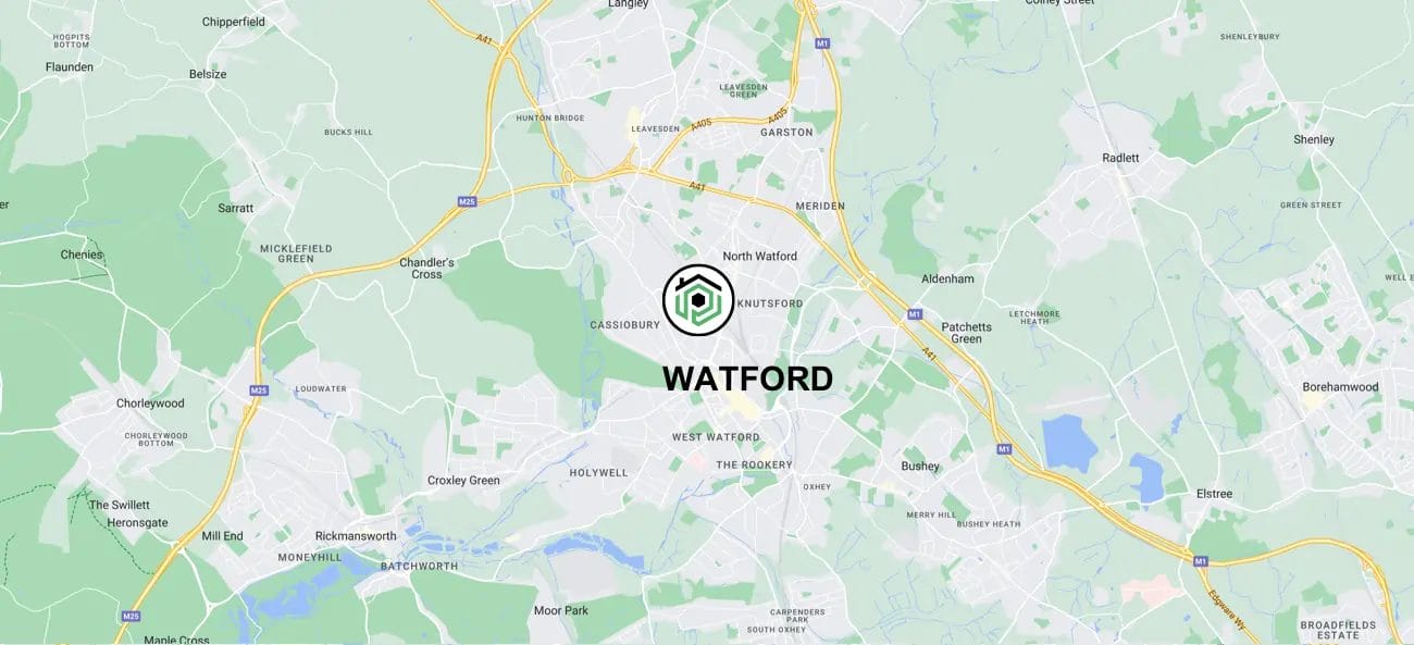 PP Gutters, the gutter and roof cleaning specialists. Location on map of Watford.