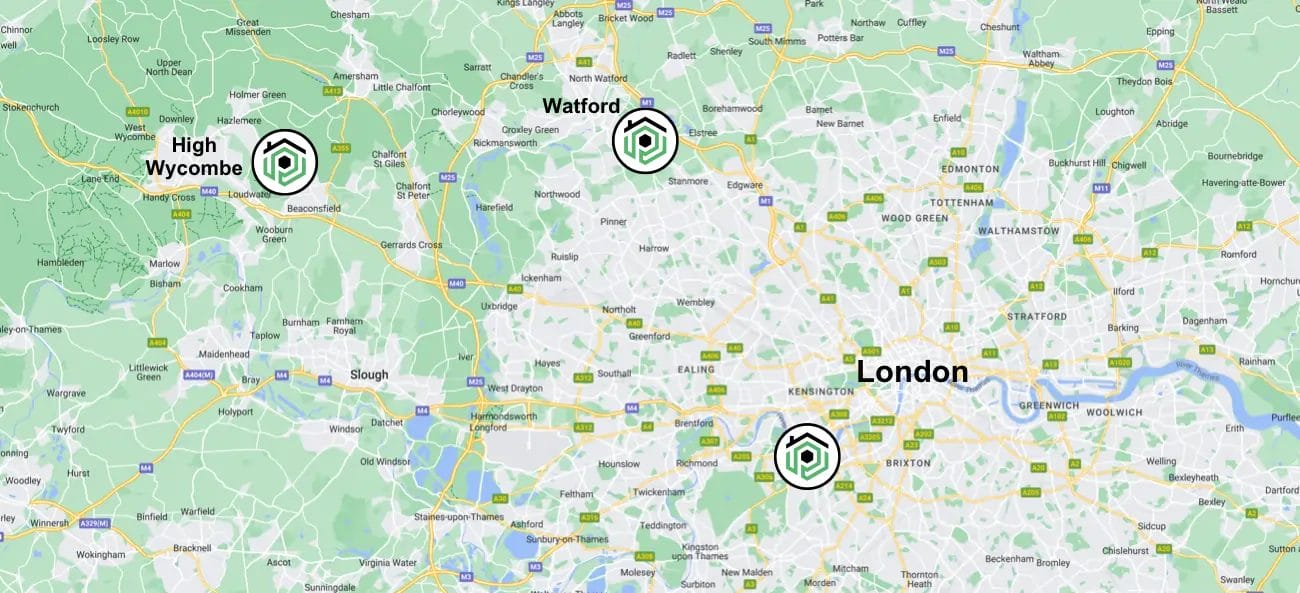 PP Gutters, the gutter and roof cleaning specialists. Location on map of London and Midlands.