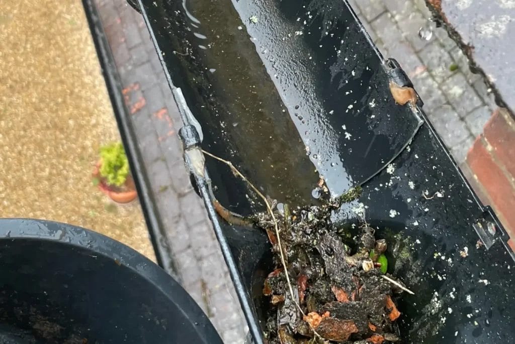 PP Gutters residential gutter cleaning services. Showing a blocked downpipe and gutter on a residential property.