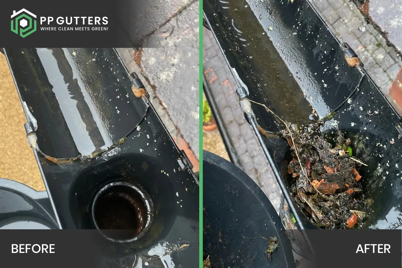 PP Gutters residential gutter cleaning services. Before and after showing a residential property's gutters and downpipes cleared of blockages.