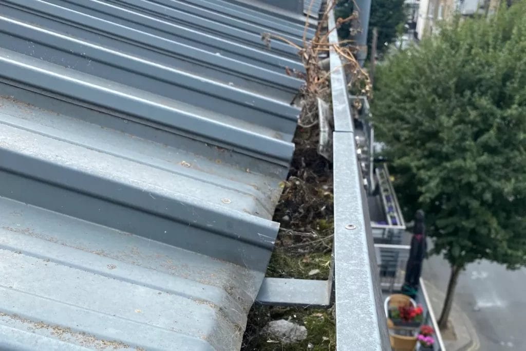Commercial gutter cleaning in London, Watford and High Wycombe - with debris in the gutter before it's been cleaned.