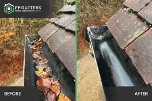 Commercial gutter cleaning in London, Watford and High Wycombe - photo of before and after the gutter's been cleared of leaves by PP Gutters.