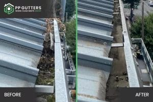 Commercial gutter cleaning in London, Watford and High Wycombe - photo of before and after the gutter's been cleaned by PP Gutters.