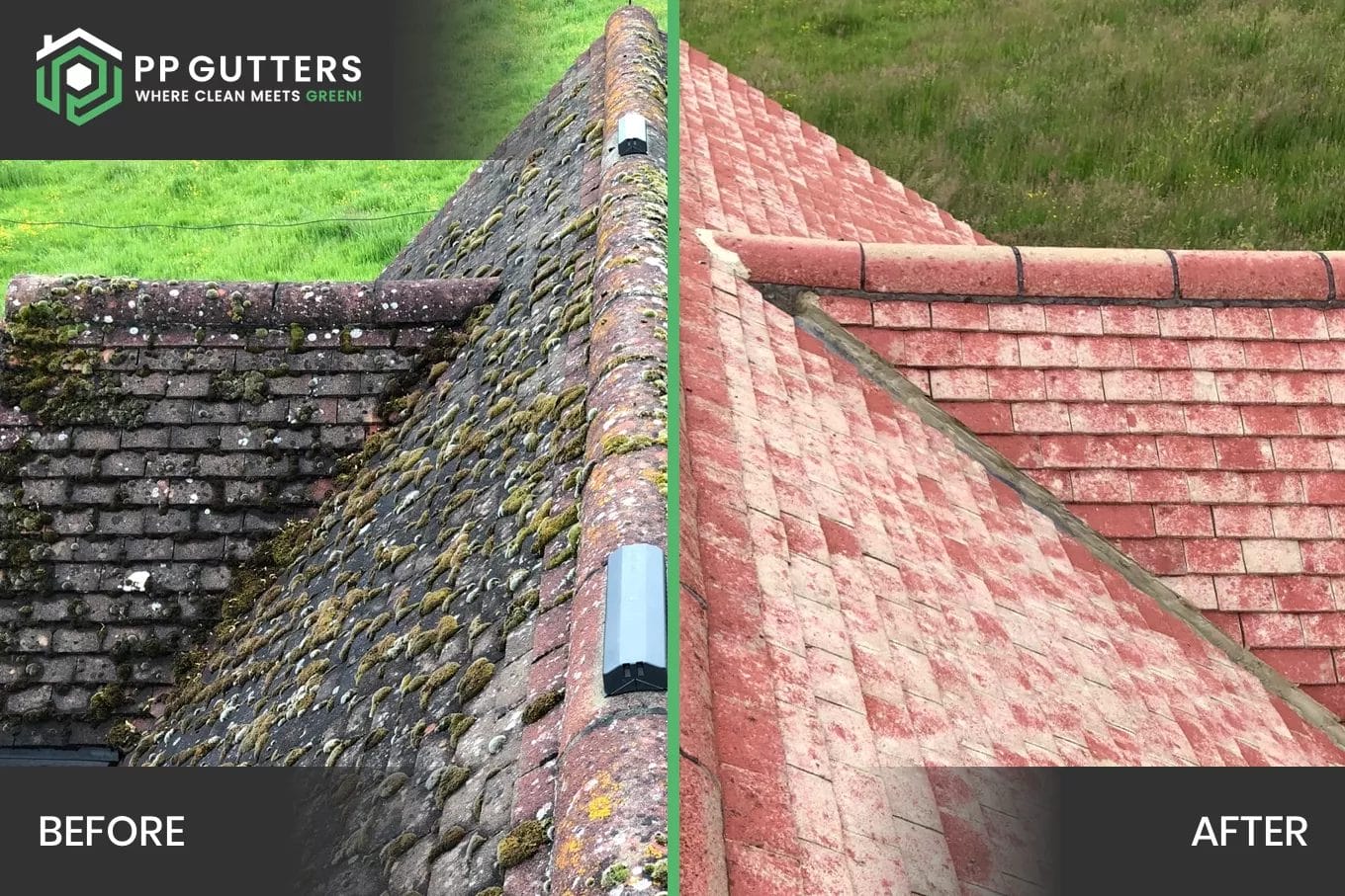 Commercial roof cleaning in London, Watford and High Wycombe - photo of a roof before and after being cleaned of moss by PP Gutters.