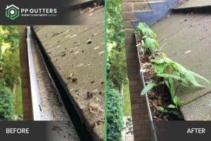 Before and after carrying out a residential gutter cleaning by PP Gutters Ltd.