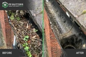Before and after carrying out a residential gutter cleaning by PP Gutters Ltd.