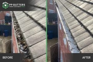 Before and after carrying out a residential gutter cleaning by PP Gutters Ltd.