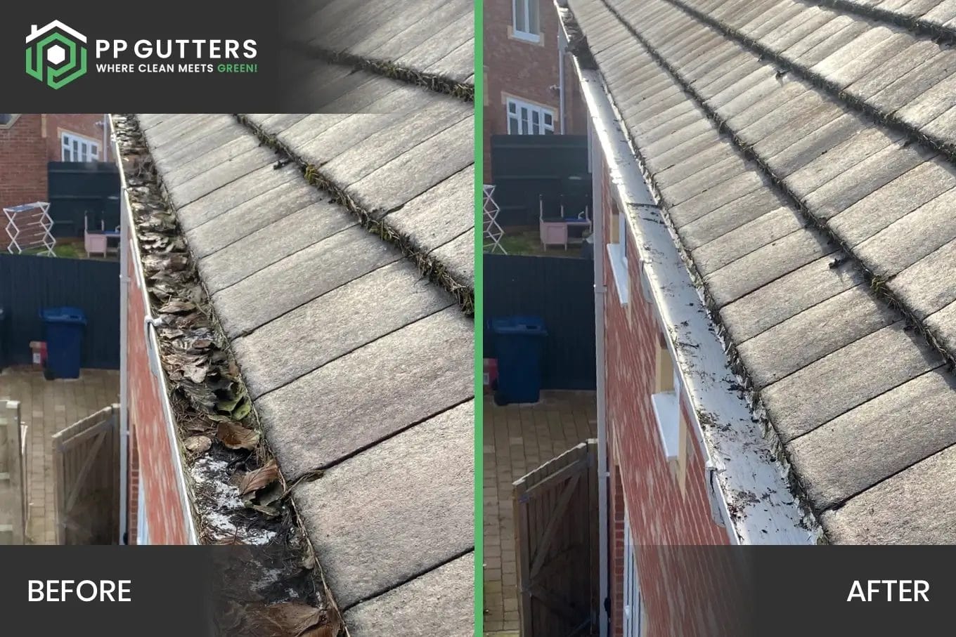 Before and after carrying out a residential gutter cleaning by PP Gutters Ltd.